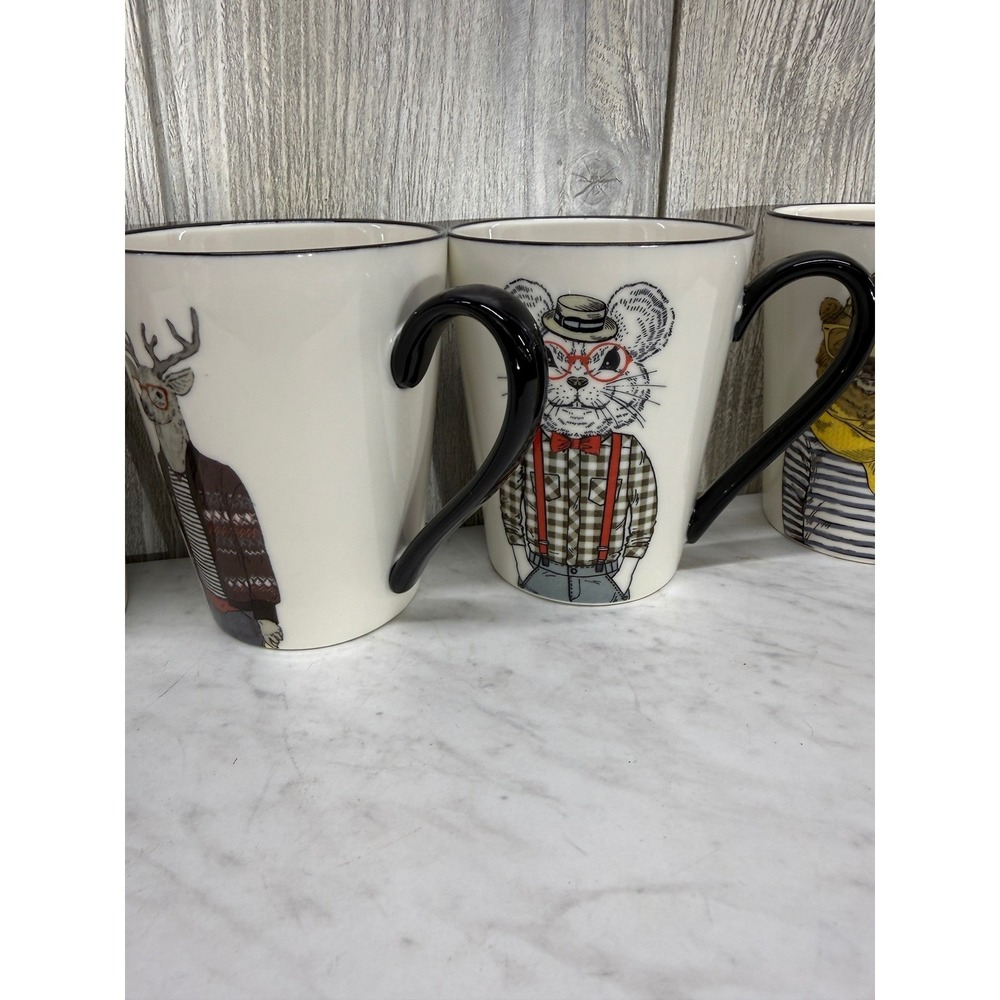 Hipster Animal Coffee Mug Set of 4 French Bulldog Deer Mouse Bear Ceramic 12oz - Picture 4 of 8